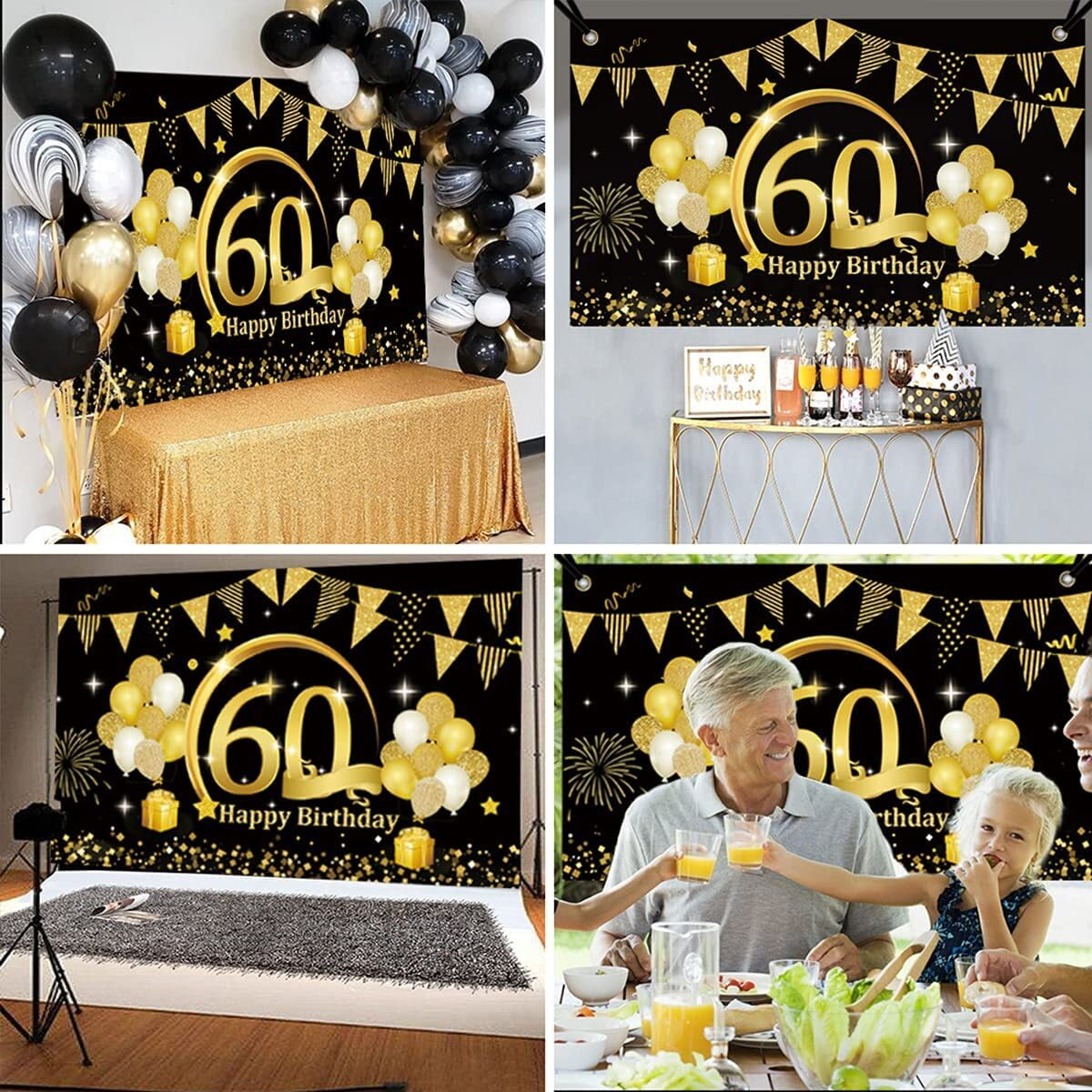Happy 60th Birthday Backdrop Large Fabric Black Gold 60th Anniversary Birthday Sign Banner Photo Booth Photography Background with Rope for Men Women 60th Birthday Party Decorations, 72.8 x 43.3 Inch - Walmart.com